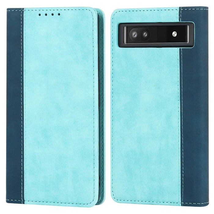 Bi-color Splicing Phone Case for Google Pixel 6a, Magnetic Auto-absorbed PU Leather Wallet Stand Flip Cover - Light Blue / Dark Blue - 1