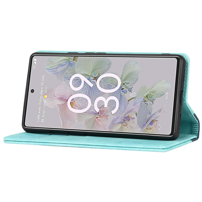Bi-color Splicing Phone Case for Google Pixel 6a, Magnetic Auto-absorbed PU Leather Wallet Stand Flip Cover - Light Blue / Dark Blue - 3