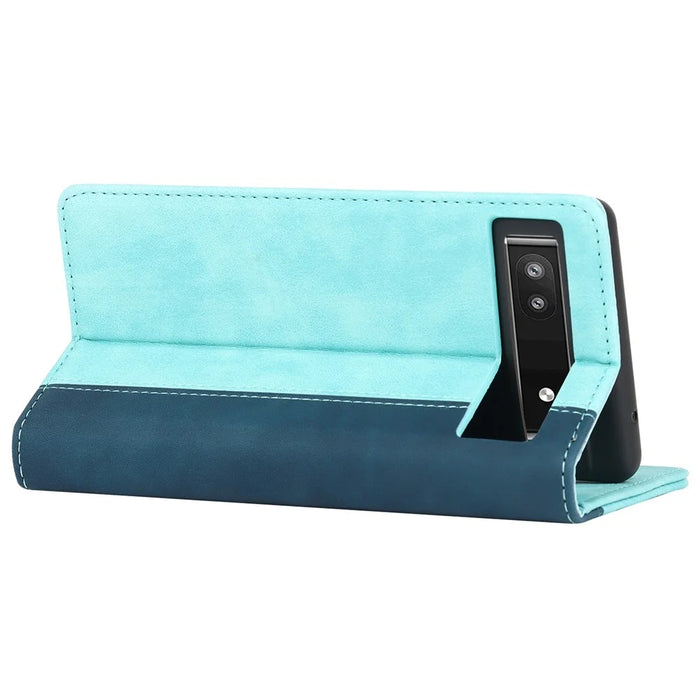 Bi-color Splicing Phone Case for Google Pixel 6a, Magnetic Auto-absorbed PU Leather Wallet Stand Flip Cover - Light Blue / Dark Blue - 4