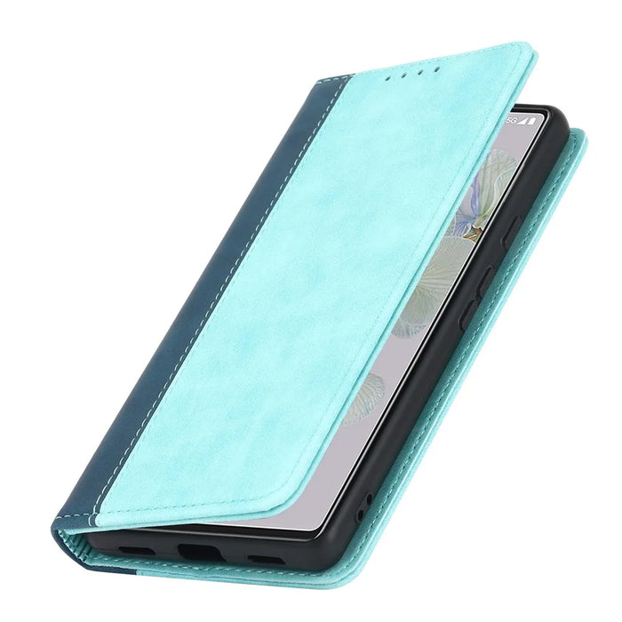 Bi-color Splicing Phone Case for Google Pixel 6a, Magnetic Auto-absorbed PU Leather Wallet Stand Flip Cover - Light Blue / Dark Blue - 6
