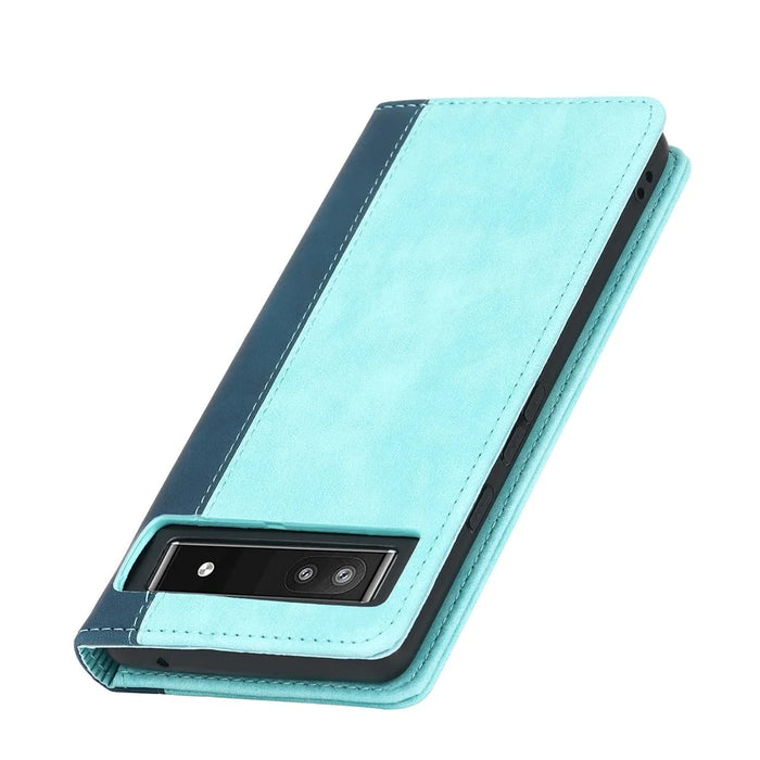 Bi-color Splicing Phone Case for Google Pixel 6a, Magnetic Auto-absorbed PU Leather Wallet Stand Flip Cover - Light Blue / Dark Blue - 7