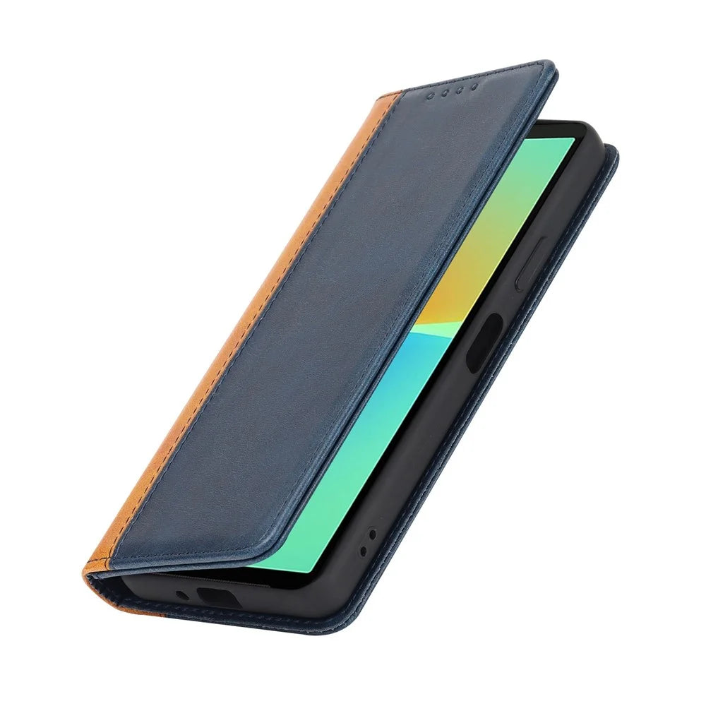 Bi-color Splicing Stand Wallet Case for Sony Xperia 10 IV 5G, PU Leather Phone Cover Inner TPU Shell - Blue / Yellow - 6