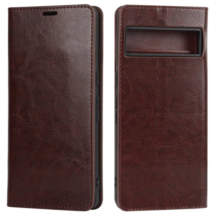 For Google Pixel 7 Pro Genuine Leather Flip Cover Crazy Horse Texture Wallet Stand Magnetic Absorption Anti-scratch Phone Cover - Dark Brown - 1