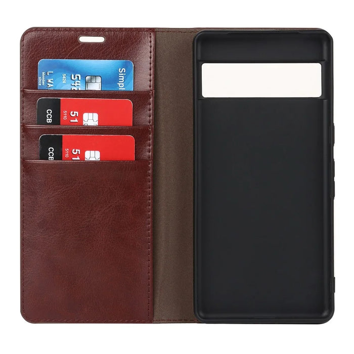 For Google Pixel 7 Pro Genuine Leather Flip Cover Crazy Horse Texture Wallet Stand Magnetic Absorption Anti-scratch Phone Cover - Dark Brown - 2