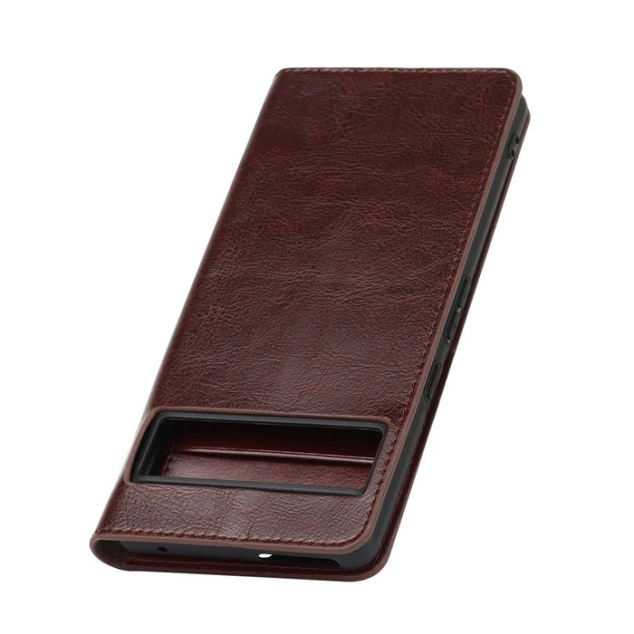 For Google Pixel 7 Pro Genuine Leather Flip Cover Crazy Horse Texture Wallet Stand Magnetic Absorption Anti-scratch Phone Cover - Dark Brown - 6