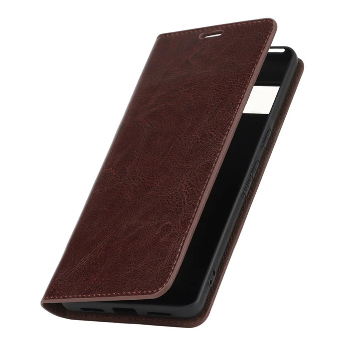 For Google Pixel 7 Pro Genuine Leather Flip Cover Crazy Horse Texture Wallet Stand Magnetic Absorption Anti-scratch Phone Cover - Dark Brown - 7