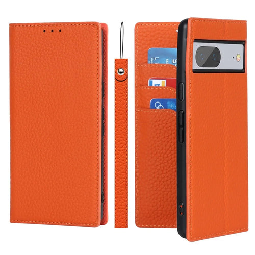 For Google Pixel 7 5G Full Protection Litchi Texture Genuine Leather Phone Case Stand Drop-proof Flip Wallet Cover with Wrist Strap - Orange - 1
