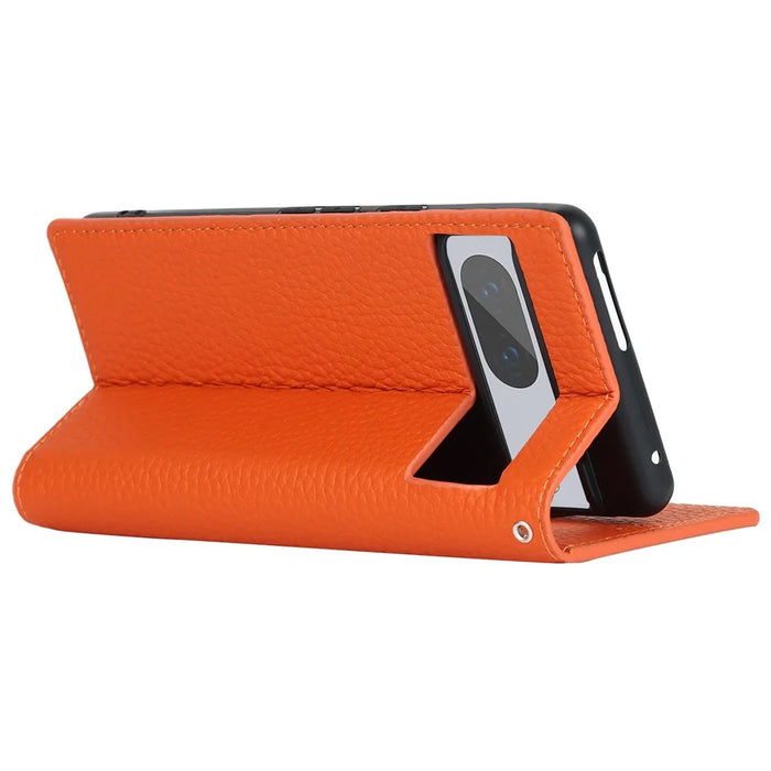 For Google Pixel 7 5G Full Protection Litchi Texture Genuine Leather Phone Case Stand Drop-proof Flip Wallet Cover with Wrist Strap - Orange - 4