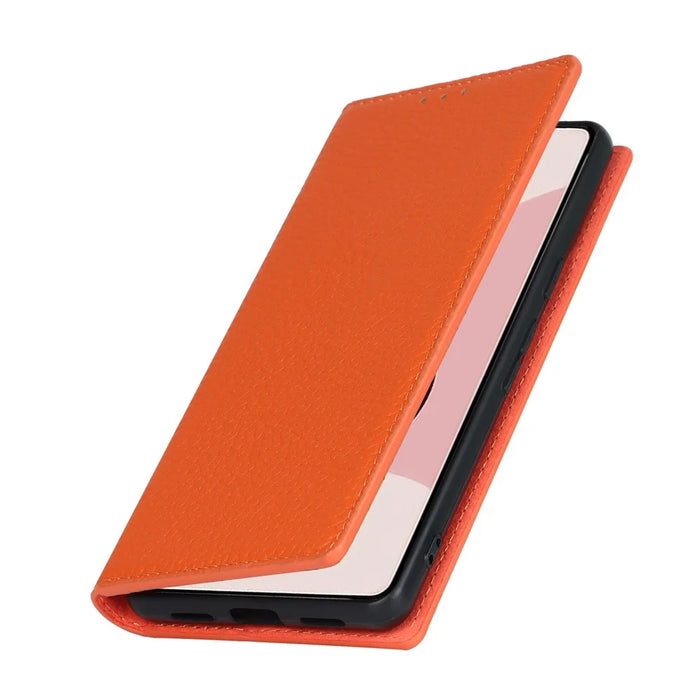 For Google Pixel 7 5G Full Protection Litchi Texture Genuine Leather Phone Case Stand Drop-proof Flip Wallet Cover with Wrist Strap - Orange - 6