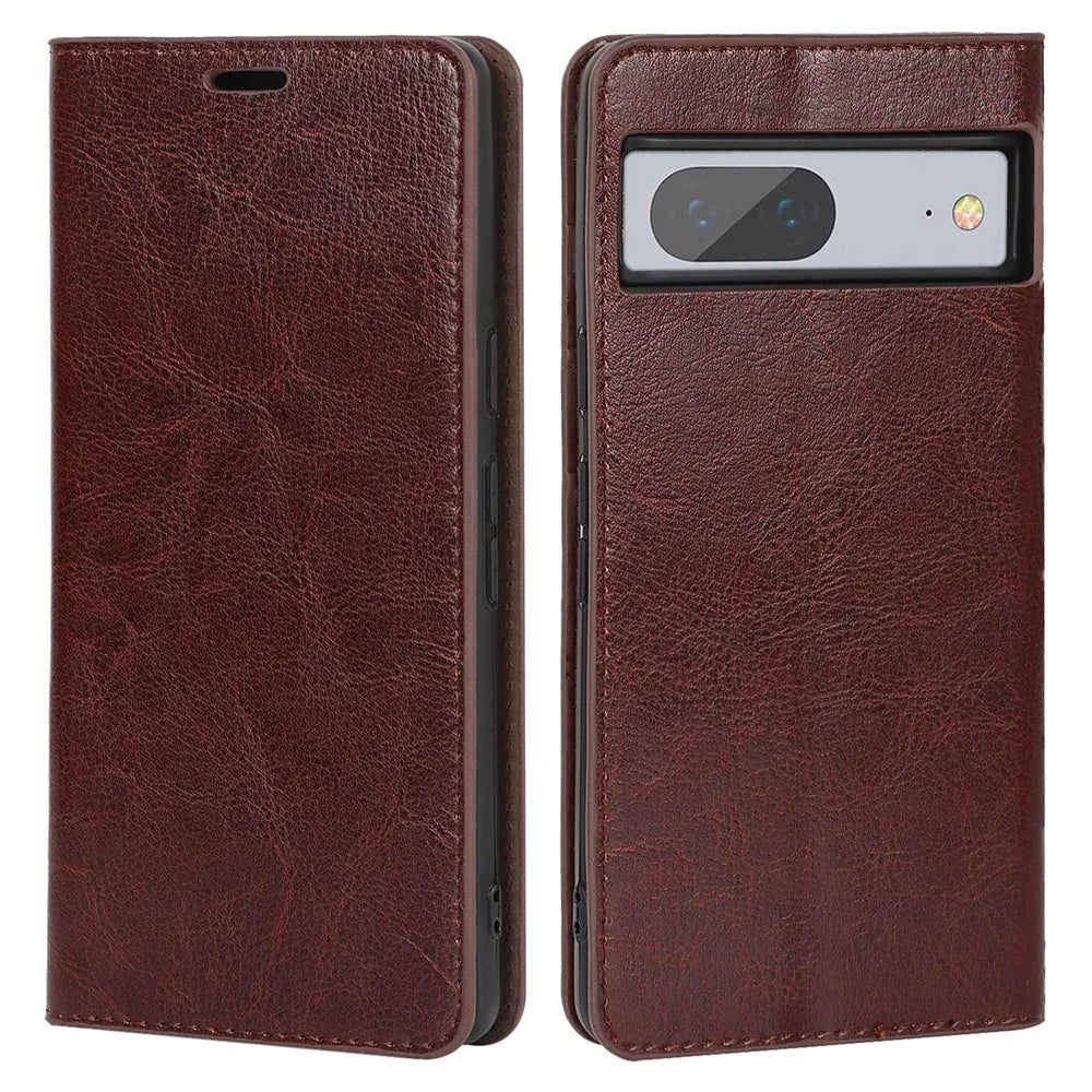 For Google Pixel 7 5G Cell Phone Case Crazy Horse Texture Wallet Stand Genuine Leather Flip Phone Cover - Dark Brown - 1