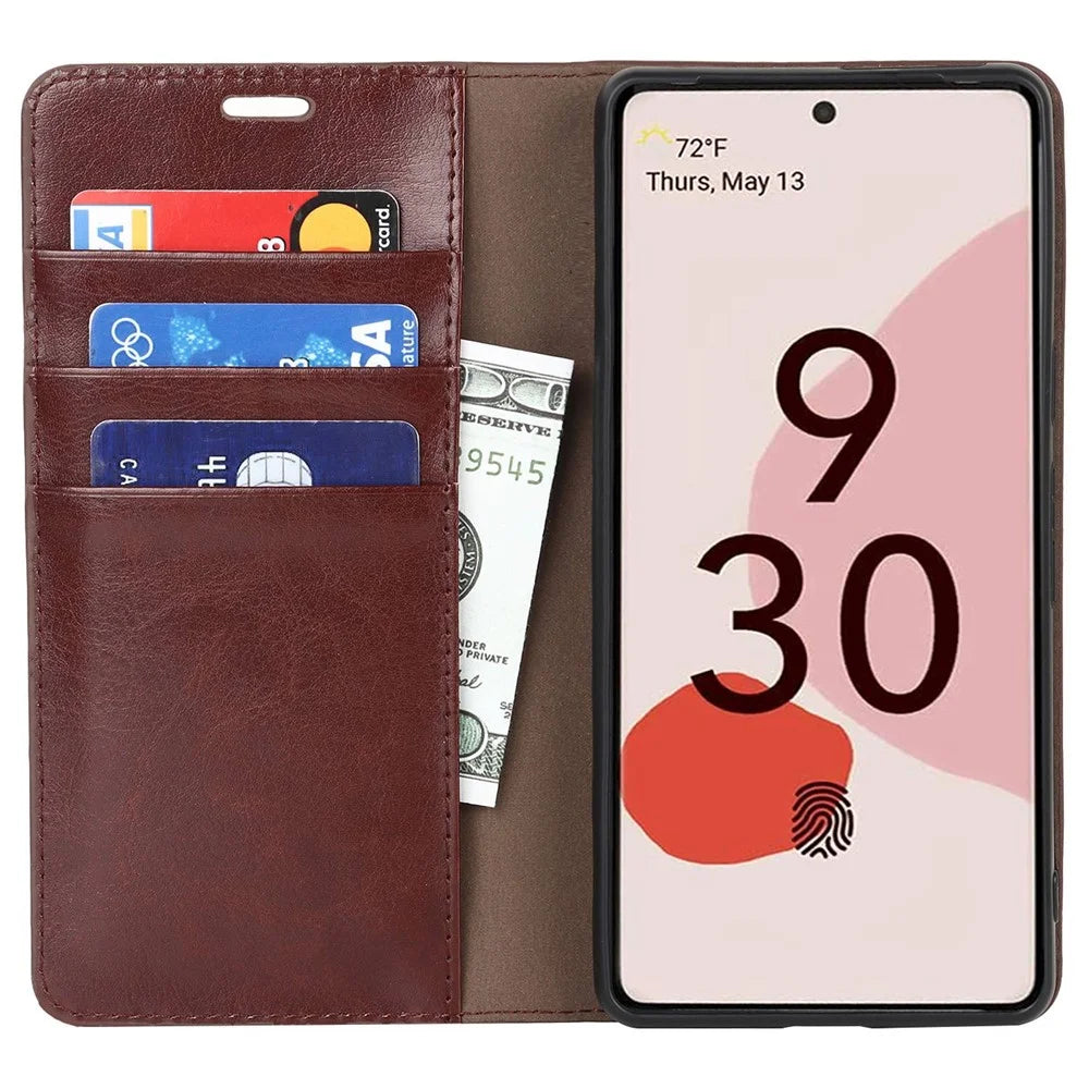 For Google Pixel 7 5G Cell Phone Case Crazy Horse Texture Wallet Stand Genuine Leather Flip Phone Cover - Dark Brown - 2