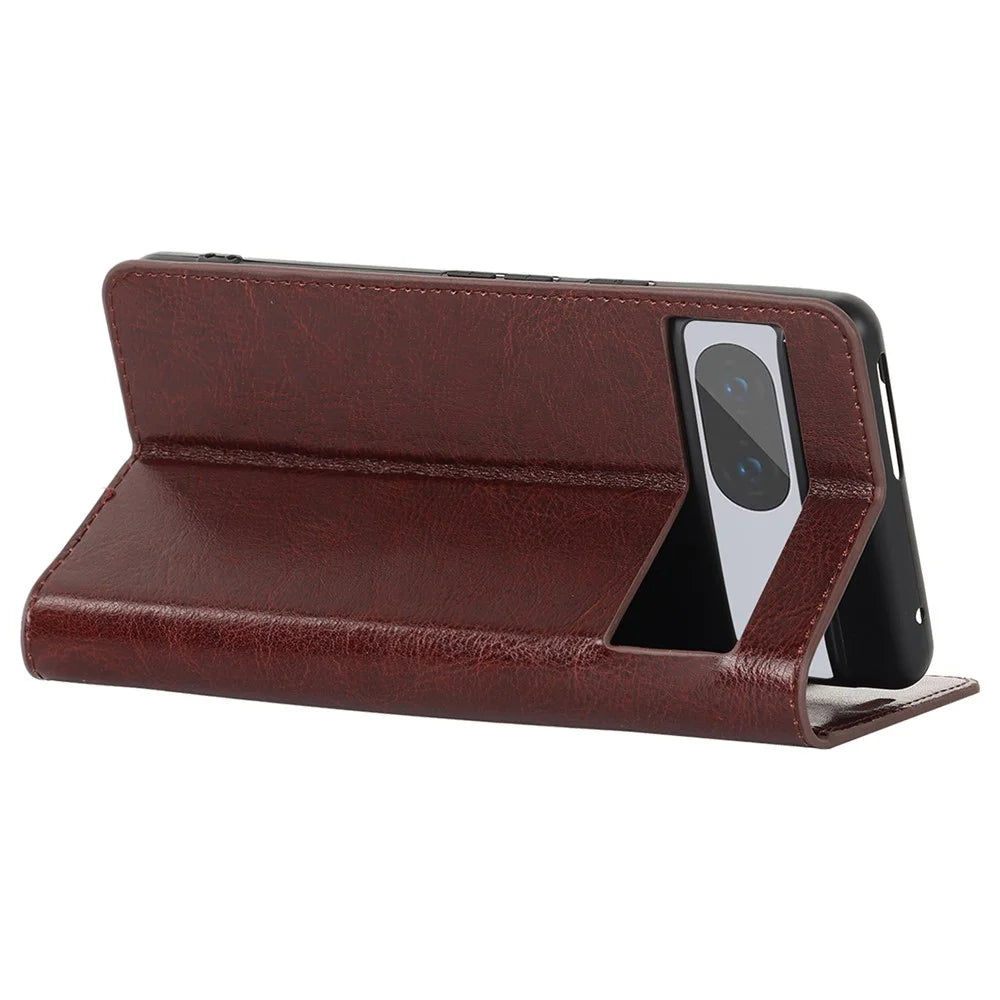 For Google Pixel 7 5G Cell Phone Case Crazy Horse Texture Wallet Stand Genuine Leather Flip Phone Cover - Dark Brown - 4