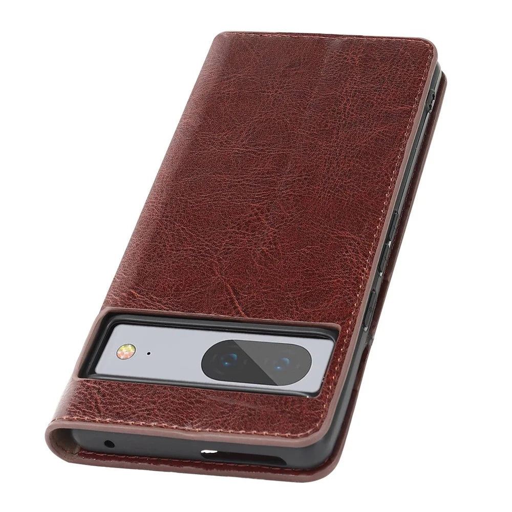 For Google Pixel 7 5G Cell Phone Case Crazy Horse Texture Wallet Stand Genuine Leather Flip Phone Cover - Dark Brown - 6
