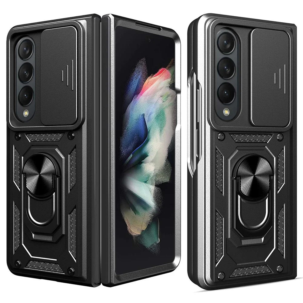 For Samsung Galaxy Z Fold4 5G Anti-drop Phone Case Kickstand PC + TPU Hybrid Cover with Slide Camera Protection - Black - 1