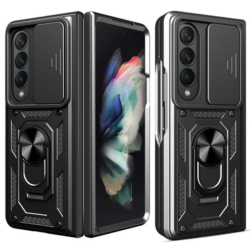 For Samsung Galaxy Z Fold4 5G Anti-drop Phone Case Kickstand PC + TPU Hybrid Cover with Slide Camera Protection - Black - 1