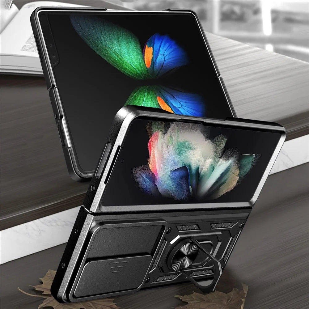For Samsung Galaxy Z Fold4 5G Anti-drop Phone Case Kickstand PC + TPU Hybrid Cover with Slide Camera Protection - Black - 2