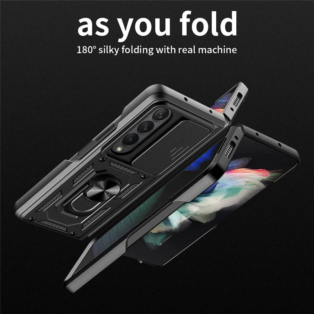 For Samsung Galaxy Z Fold4 5G Anti-drop Phone Case Kickstand PC + TPU Hybrid Cover with Slide Camera Protection - Black - 3