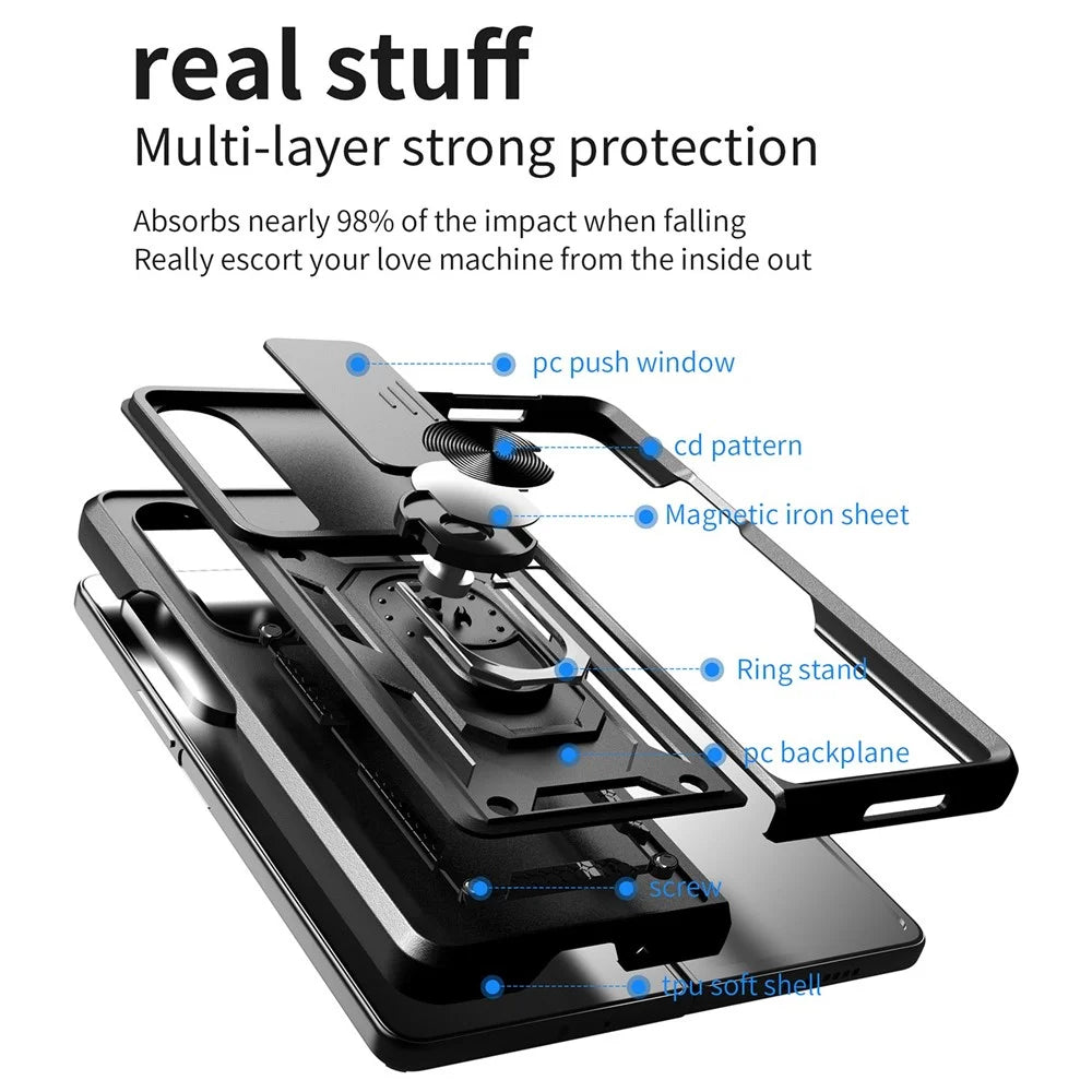 For Samsung Galaxy Z Fold4 5G Anti-drop Phone Case Kickstand PC + TPU Hybrid Cover with Slide Camera Protection - Black - 4