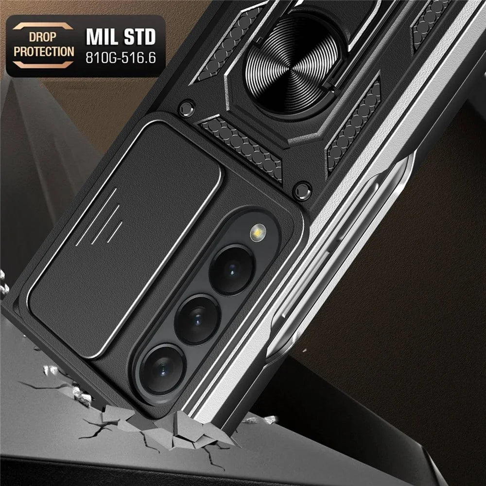 For Samsung Galaxy Z Fold4 5G Anti-drop Phone Case Kickstand PC + TPU Hybrid Cover with Slide Camera Protection - Black - 5