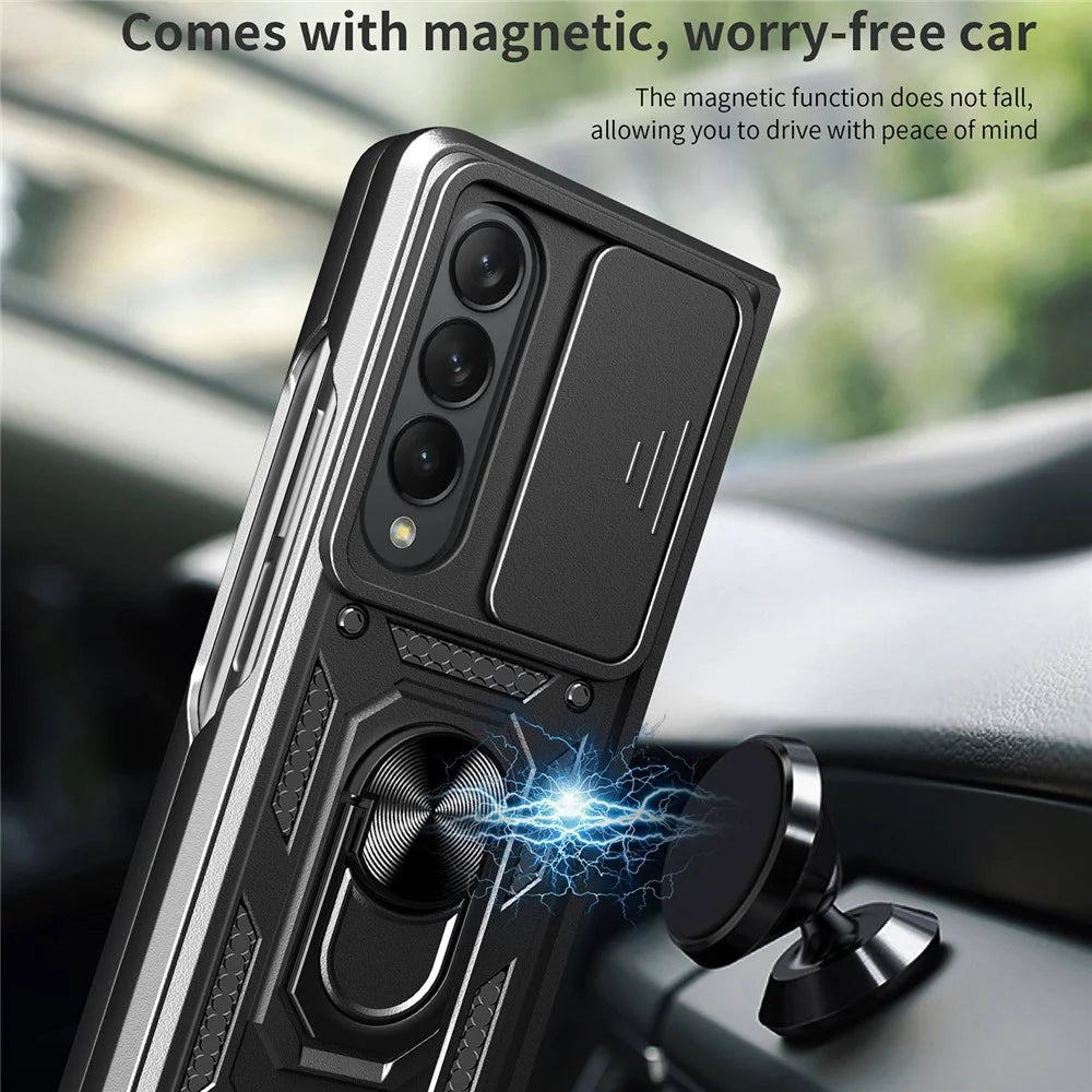 For Samsung Galaxy Z Fold4 5G Anti-drop Phone Case Kickstand PC + TPU Hybrid Cover with Slide Camera Protection - Black - 6