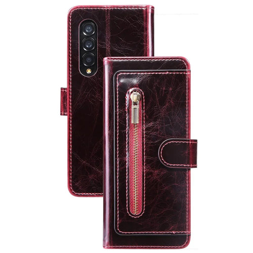 For Samsung Galaxy Z Fold3 5G Waxy Texture Zipper Pocket PU Leather Case Stand Wallet Folio Flip Phone Cover - Wine Red - 1