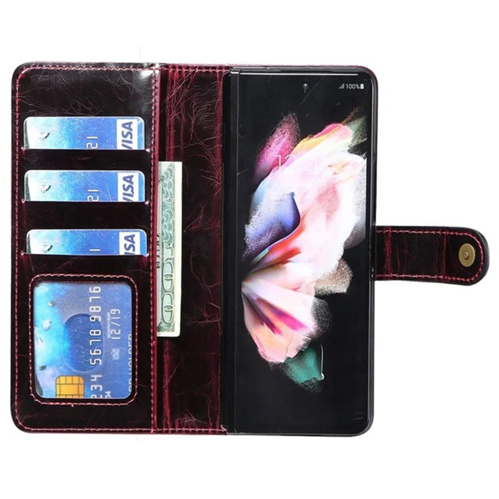 For Samsung Galaxy Z Fold3 5G Waxy Texture Zipper Pocket PU Leather Case Stand Wallet Folio Flip Phone Cover - Wine Red - 2