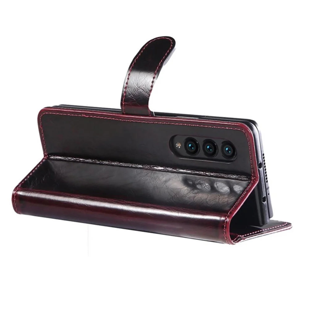 For Samsung Galaxy Z Fold3 5G Waxy Texture Zipper Pocket PU Leather Case Stand Wallet Folio Flip Phone Cover - Wine Red - 3