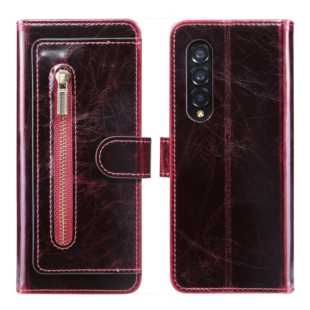 For Samsung Galaxy Z Fold3 5G Waxy Texture Zipper Pocket PU Leather Case Stand Wallet Folio Flip Phone Cover - Wine Red - 5