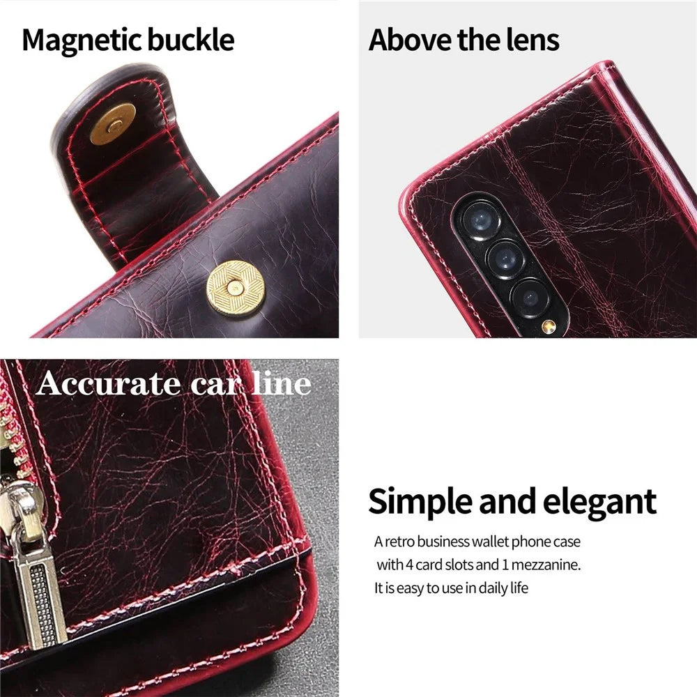 For Samsung Galaxy Z Fold3 5G Waxy Texture Zipper Pocket PU Leather Case Stand Wallet Folio Flip Phone Cover - Wine Red - 6