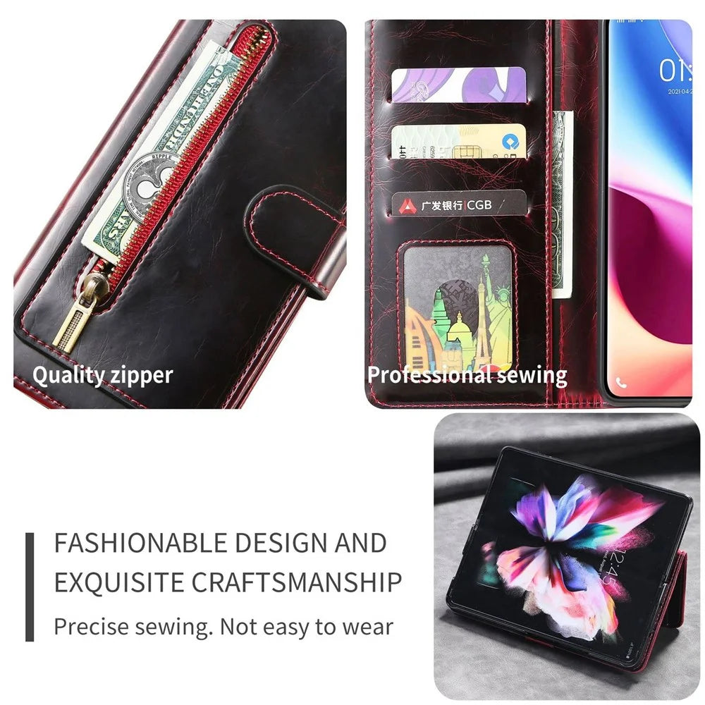 For Samsung Galaxy Z Fold3 5G Waxy Texture Zipper Pocket PU Leather Case Stand Wallet Folio Flip Phone Cover - Wine Red - 7