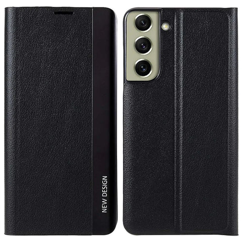 For Samsung Galaxy S21 FE 5G PU Leather Stand Case Auto Absorption Anti-drop Electroplating Phone Cover - Black - 1