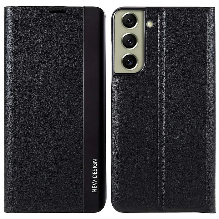 For Samsung Galaxy S21 FE 5G PU Leather Stand Case Auto Absorption Anti-drop Electroplating Phone Cover - Black - 1
