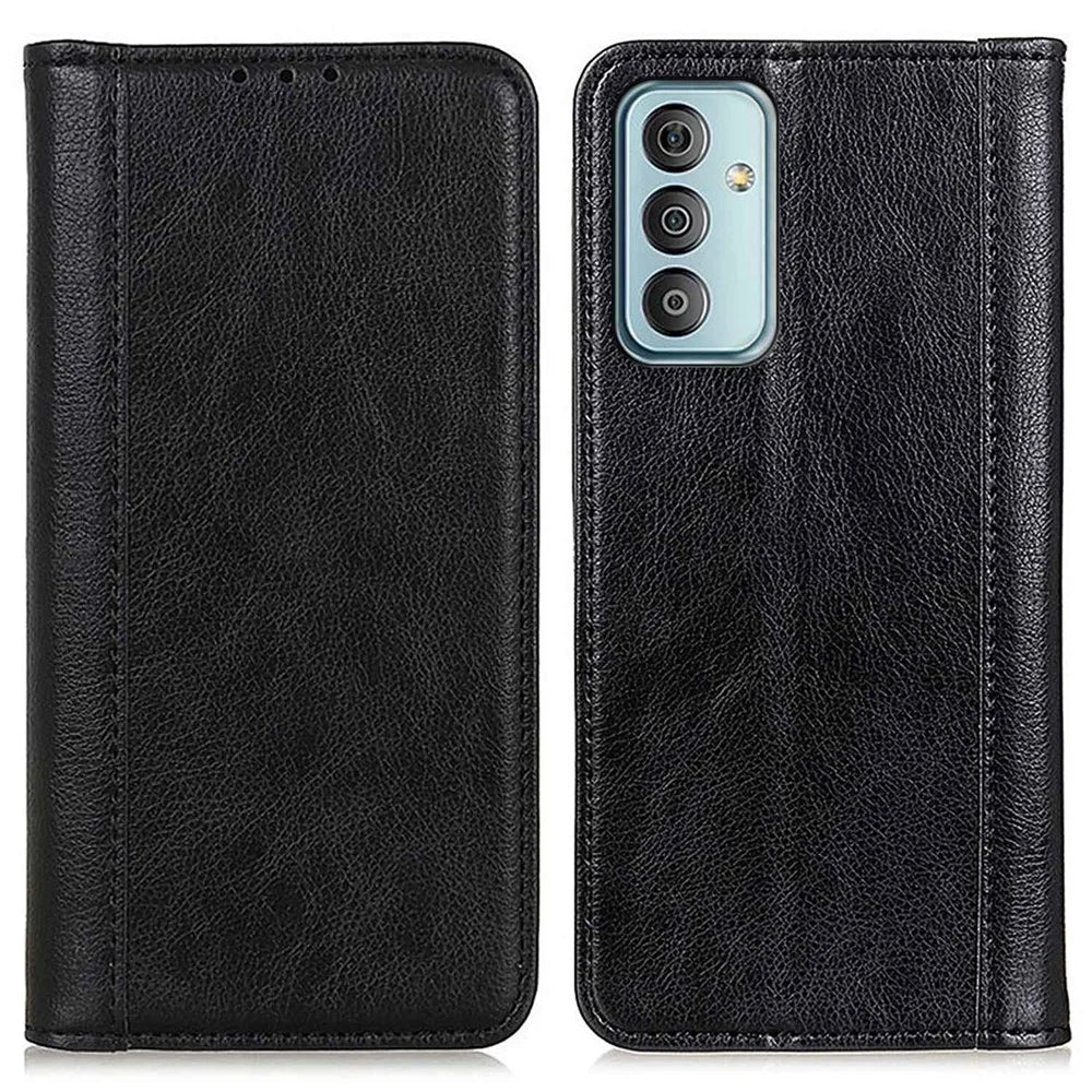 For Samsung Galaxy M13 4G Litchi Texture Split Leather Phone Case Folio Flip Stand Wallet Protective Cover - Black - 1