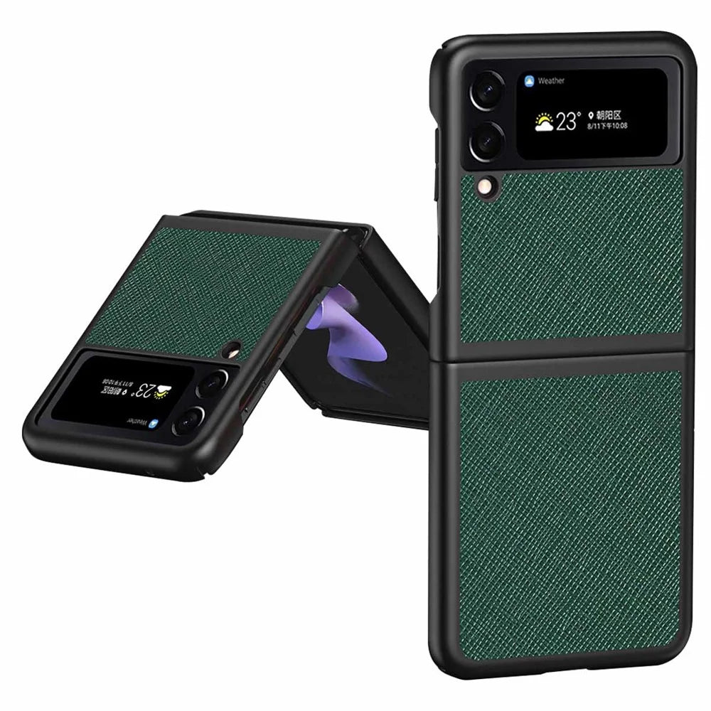 For Samsung Galaxy Z Flip4 5G Anti-scratch Cross Texture Phone Case Rubberized PU Leather Coated PC Back Cover Protective Shell - Green - 1