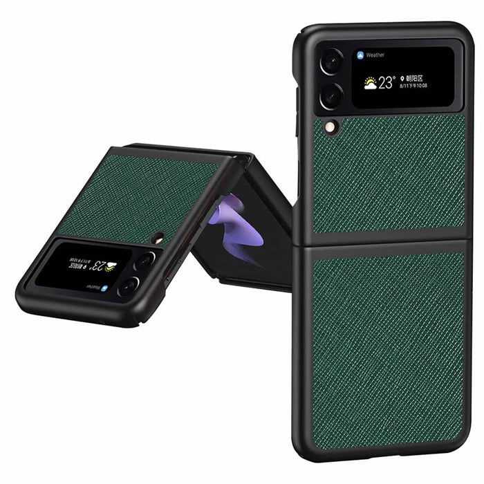 For Samsung Galaxy Z Flip4 5G Anti-scratch Cross Texture Phone Case Rubberized PU Leather Coated PC Back Cover Protective Shell - Green - 1