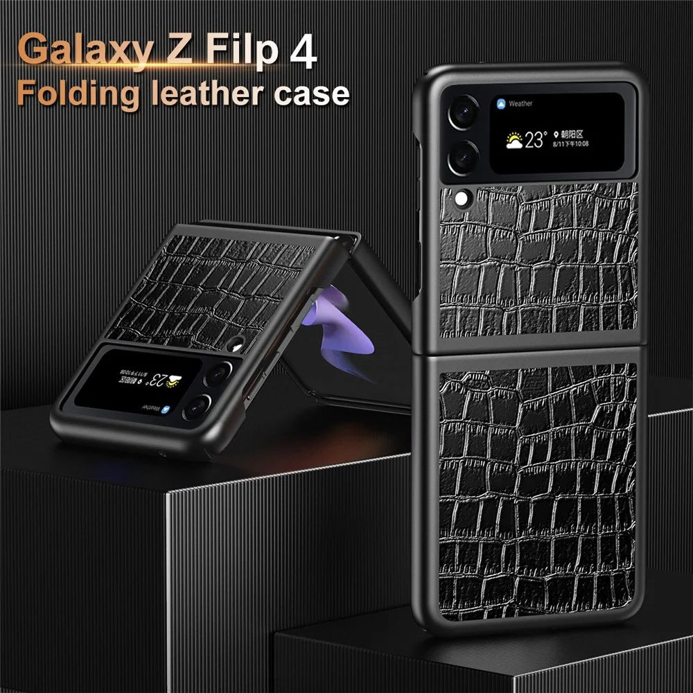 For Samsung Galaxy Z Flip4 5G Anti-Scratch Drop-Proof Phone Case Crocodile Texture PU Leather Coated Hard PC Back Cover - Black - 3
