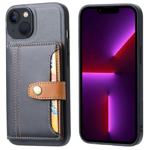 PU Leather Coated TPU Case for iPhone 14 6.1 inch, Kickstand Function Card Slot Design Anti-wear Protective Cover - Black - 1