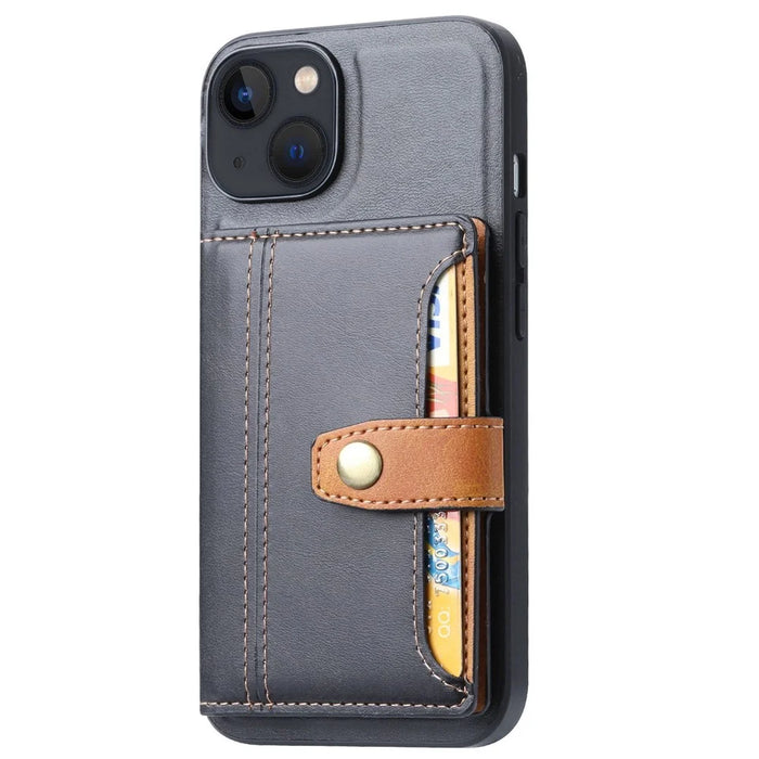 PU Leather Coated TPU Case for iPhone 14 6.1 inch, Kickstand Function Card Slot Design Anti-wear Protective Cover - Black - 2