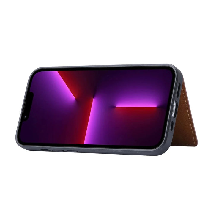 PU Leather Coated TPU Case for iPhone 14 6.1 inch, Kickstand Function Card Slot Design Anti-wear Protective Cover - Black - 3