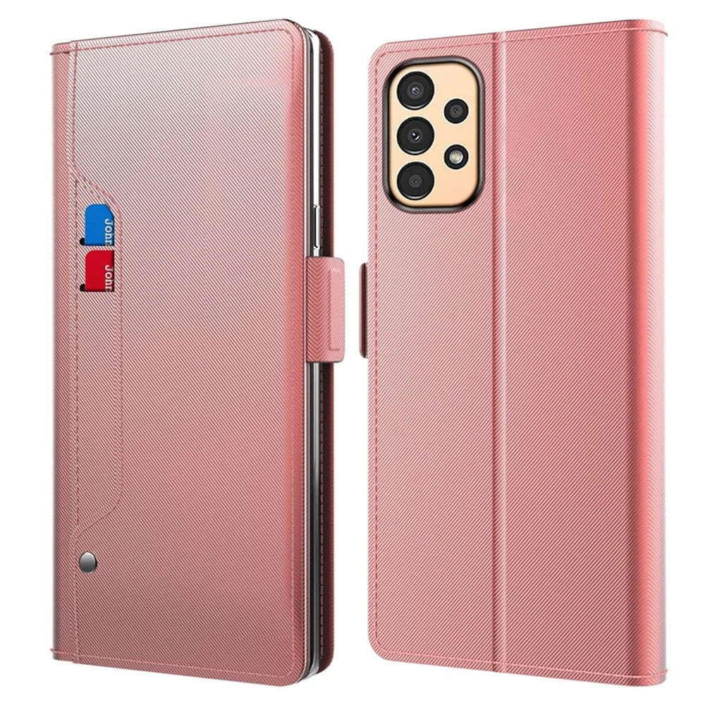For Samsung Galaxy A13 4G Makeup Mirror PU Leather Case Card Holder Slot Magnetic Closure Flip Cover - Rose Gold - 1