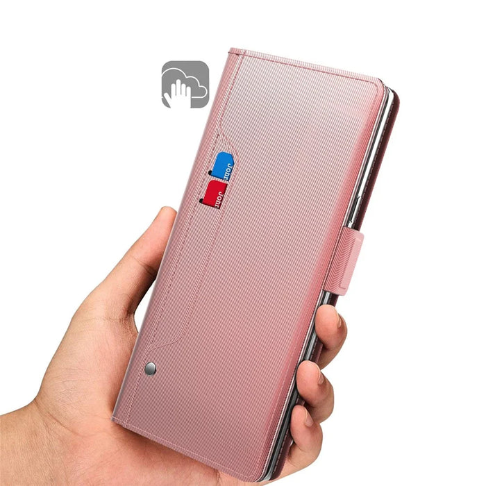 For Samsung Galaxy A13 4G Makeup Mirror PU Leather Case Card Holder Slot Magnetic Closure Flip Cover - Rose Gold - 6