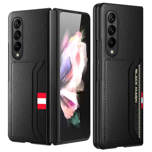 For Samsung Galaxy Z Fold4 5G Drop-proof Litchi Texture Phone Protective Case Back Cover with Card Slot and Tempered Glass Film - Black - 1