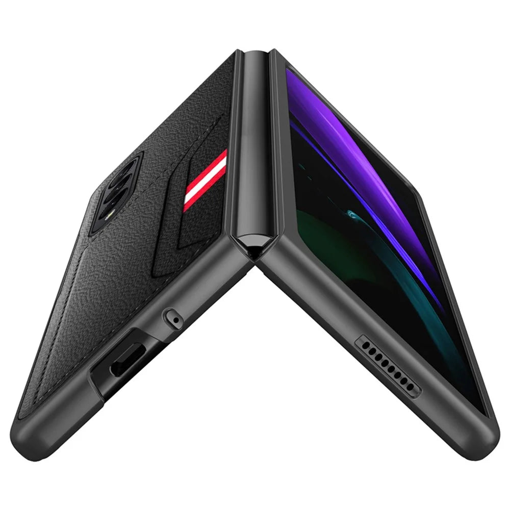 For Samsung Galaxy Z Fold4 5G Drop-proof Litchi Texture Phone Protective Case Back Cover with Card Slot and Tempered Glass Film - Black - 2