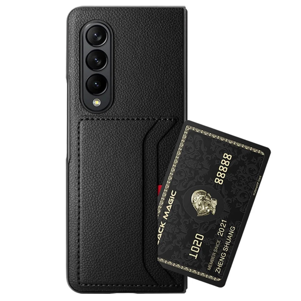 For Samsung Galaxy Z Fold4 5G Drop-proof Litchi Texture Phone Protective Case Back Cover with Card Slot and Tempered Glass Film - Black - 3
