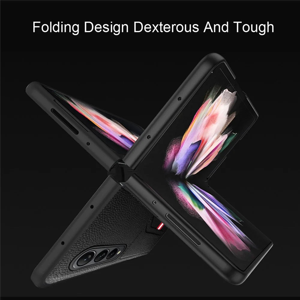 For Samsung Galaxy Z Fold4 5G Drop-proof Litchi Texture Phone Protective Case Back Cover with Card Slot and Tempered Glass Film - Black - 4