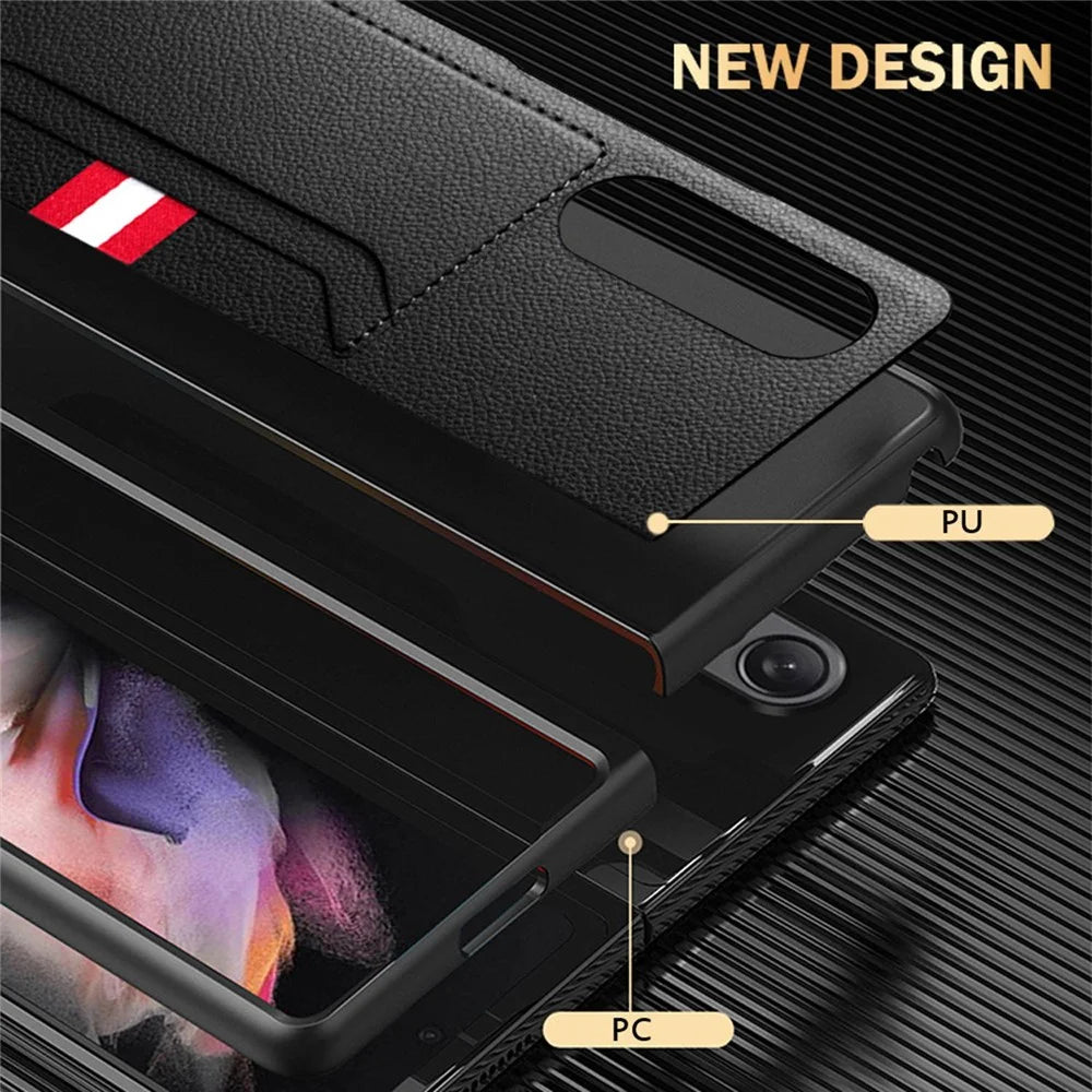 For Samsung Galaxy Z Fold4 5G Drop-proof Litchi Texture Phone Protective Case Back Cover with Card Slot and Tempered Glass Film - Black - 6