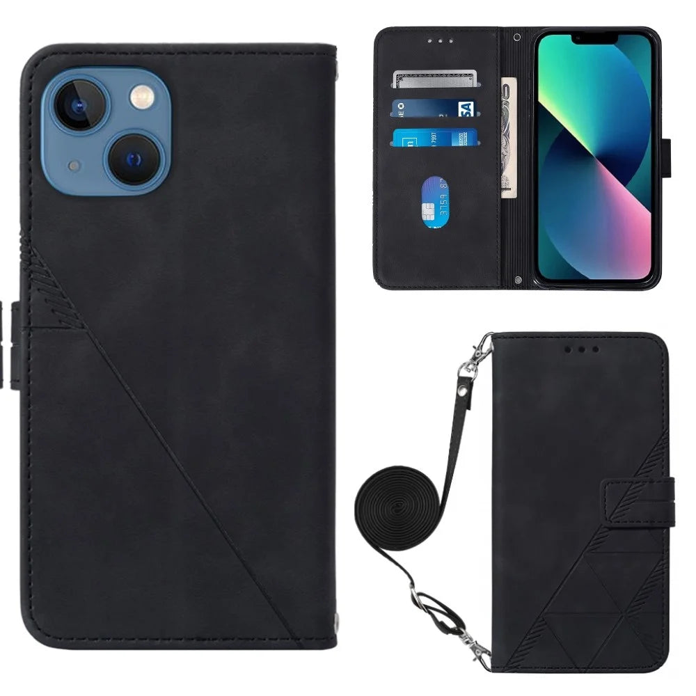 For iPhone 14 6.1 inch YB Imprinting Series-2 Business Style Imprinted Lines Case Wallet Stand PU Leather Phone Cover with Shoulder Strap - Black - 1