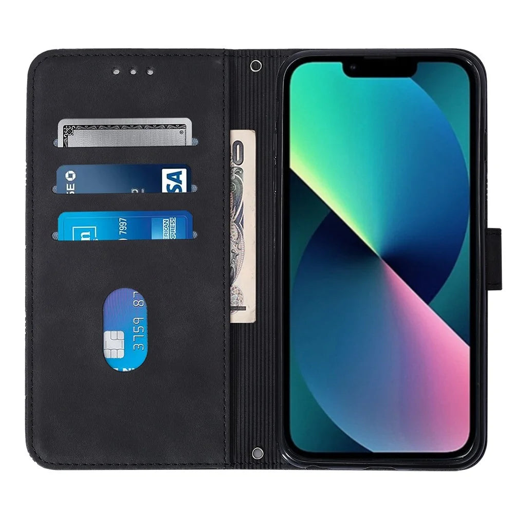 For iPhone 14 6.1 inch YB Imprinting Series-2 Business Style Imprinted Lines Case Wallet Stand PU Leather Phone Cover with Shoulder Strap - Black - 2