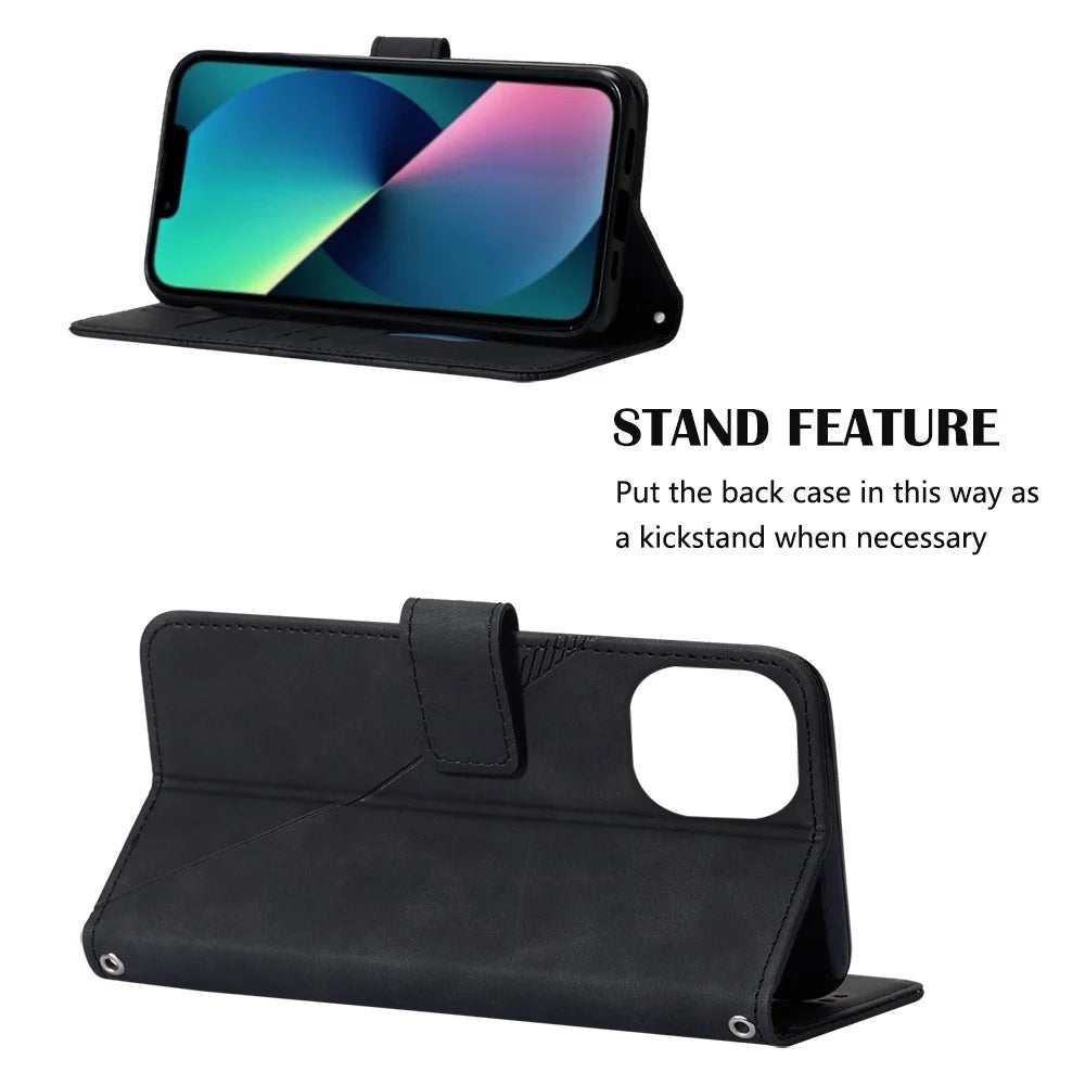 For iPhone 14 6.1 inch YB Imprinting Series-2 Business Style Imprinted Lines Case Wallet Stand PU Leather Phone Cover with Shoulder Strap - Black - 3