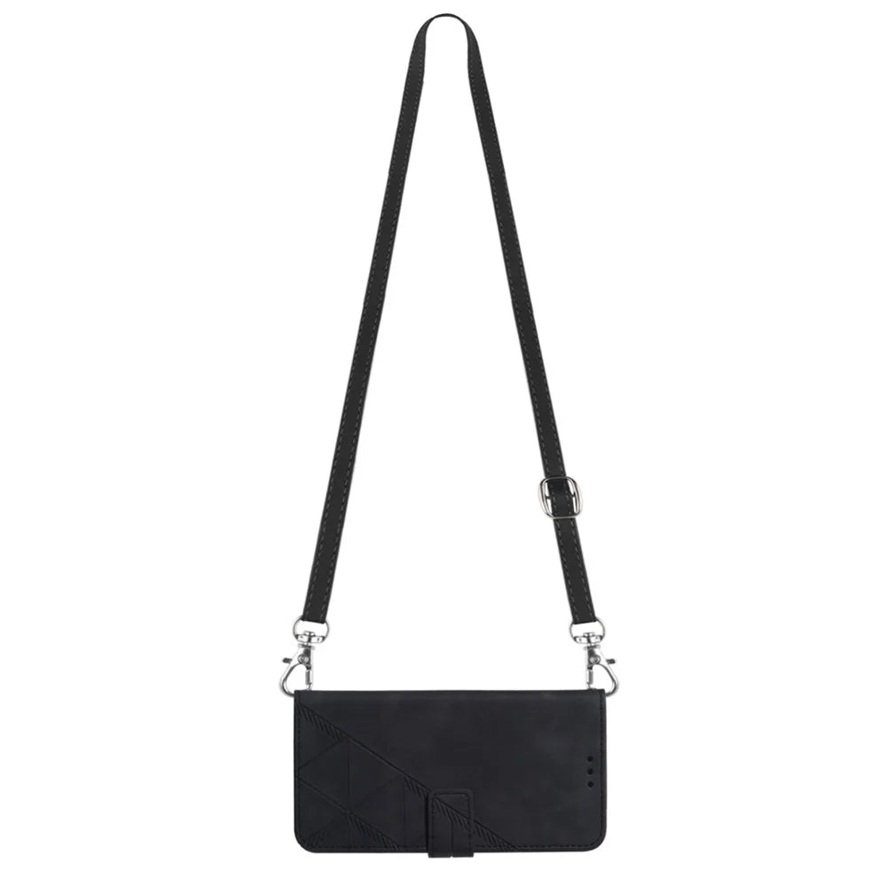 For iPhone 14 6.1 inch YB Imprinting Series-2 Business Style Imprinted Lines Case Wallet Stand PU Leather Phone Cover with Shoulder Strap - Black - 5